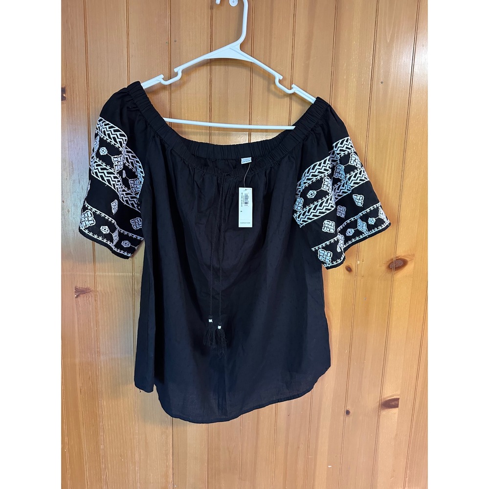 Old Navy Womens Black Embroidered Off Shoulder Peasant Blouse Tassel Top M Flaw